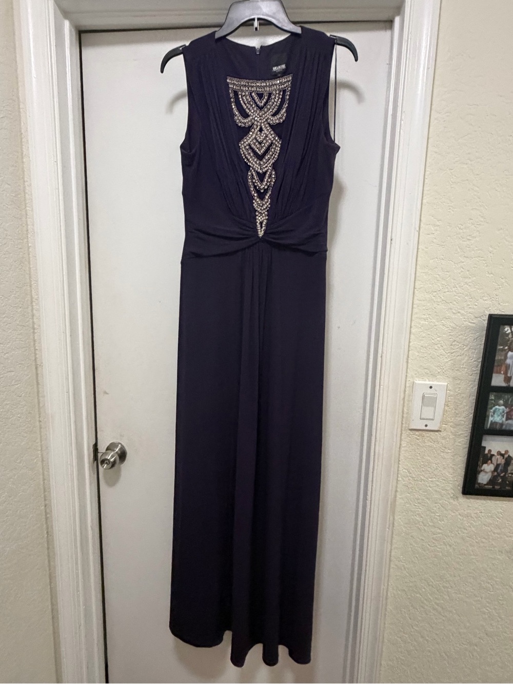 Beaded Navy Sleeveless Maxi Dress with Draped Waist